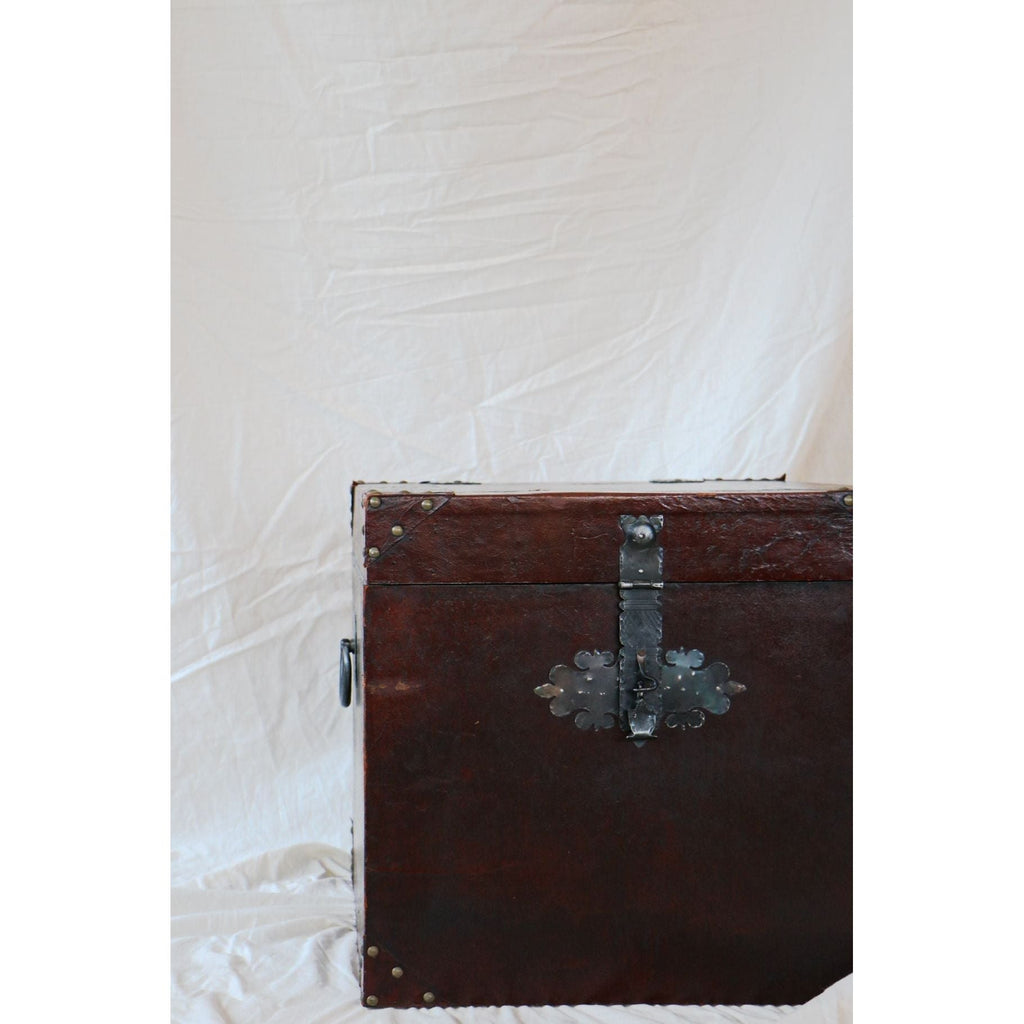 Ornate Hardware Antique Leather Box Trunk - timeless storage accent