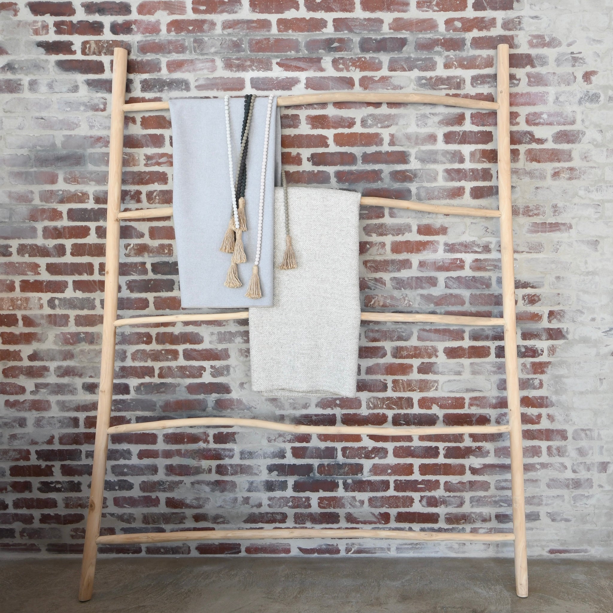 Antique Wooden Display Ladder showcasing blankets and decor