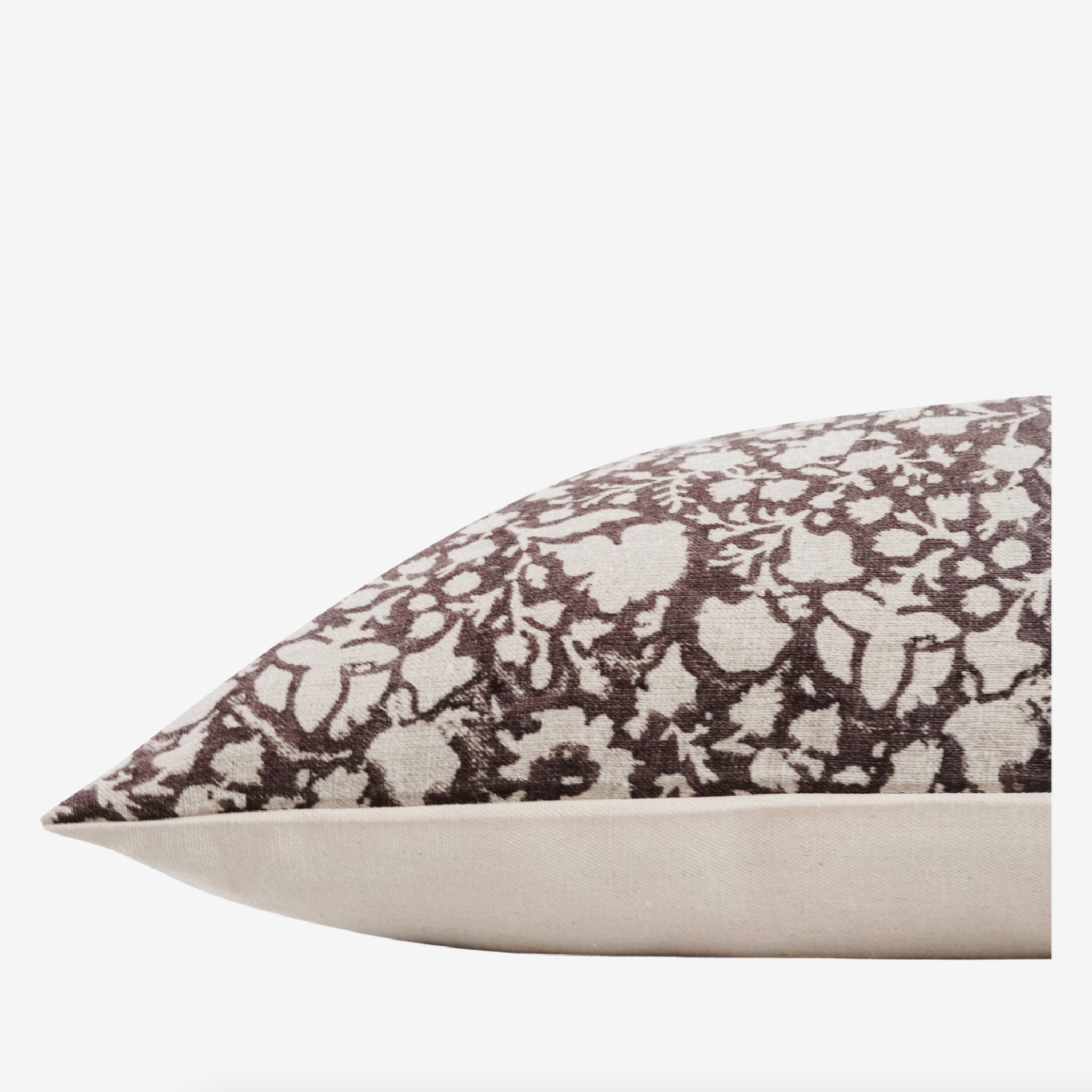 Bayo Indian hand block pillow featuring an artisan linen pattern front, oatmeal canvas back, hidden zipper, and plush feather-down fill for cozy, unique decor.