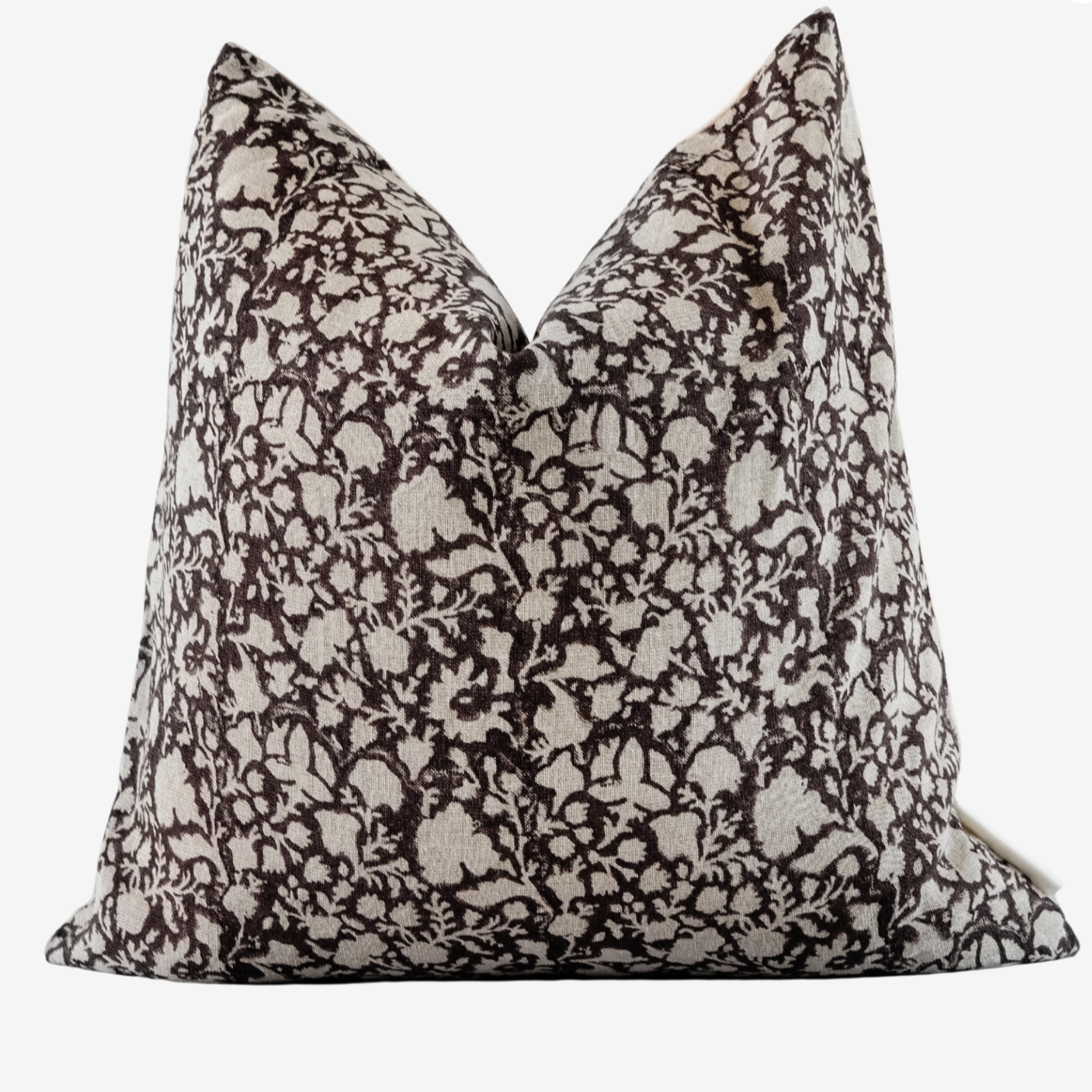 Bayo Indian hand block pillow featuring an artisan linen pattern front, oatmeal canvas back, hidden zipper, and plush feather-down fill for cozy, unique decor.