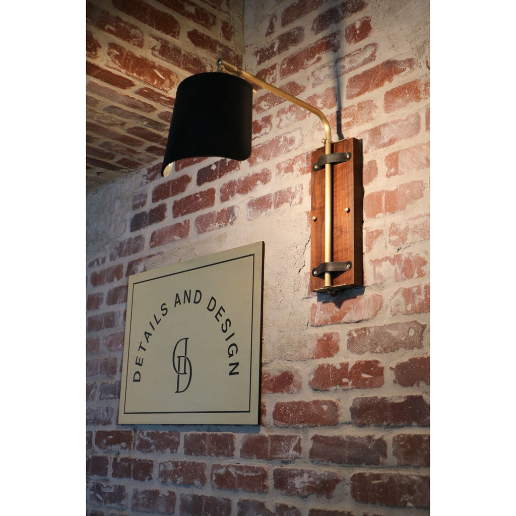 Elegant Black Walnut and Brass Ava Wall Sconce with leather wrap