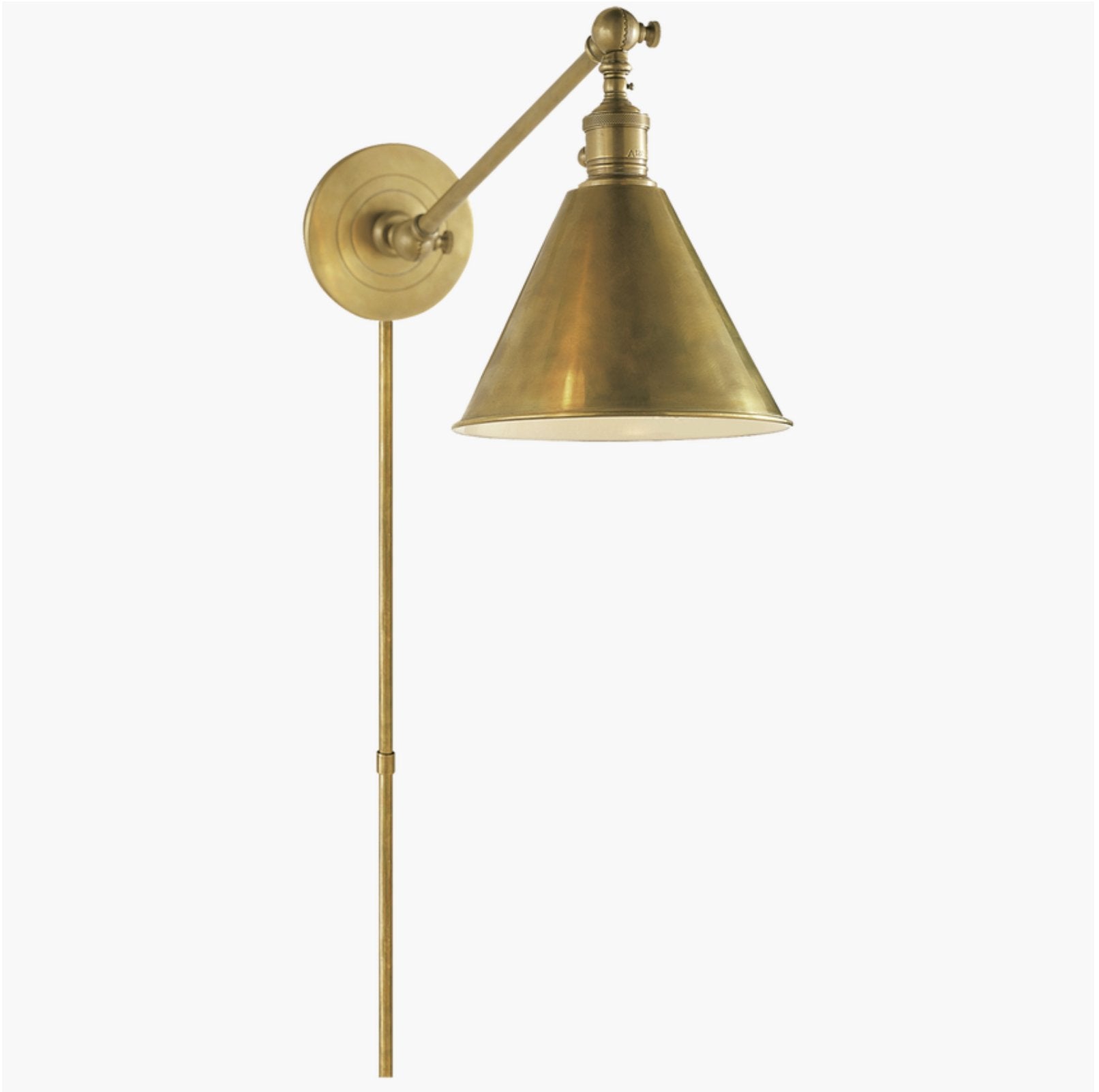 Antique brass single arm library light with hand-rubbed finish.