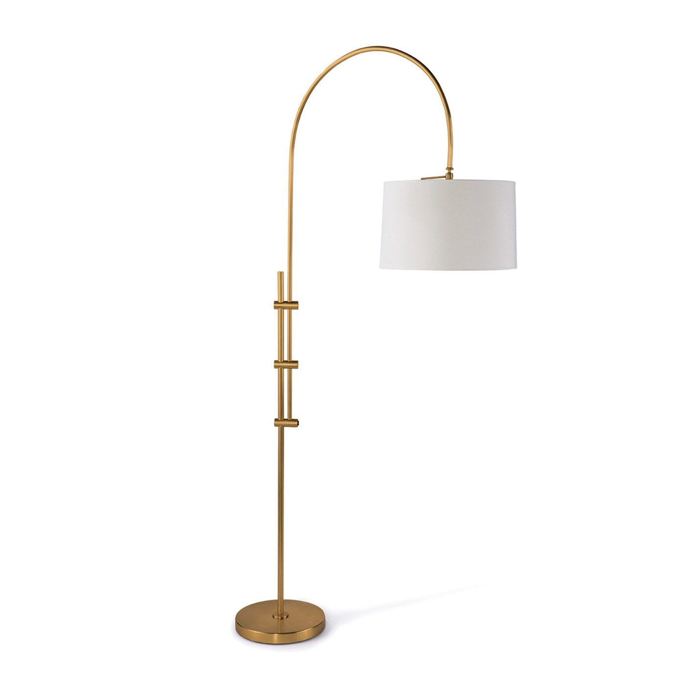 Contemporary Arc Brass Floor Lamp with soft fabric shade.