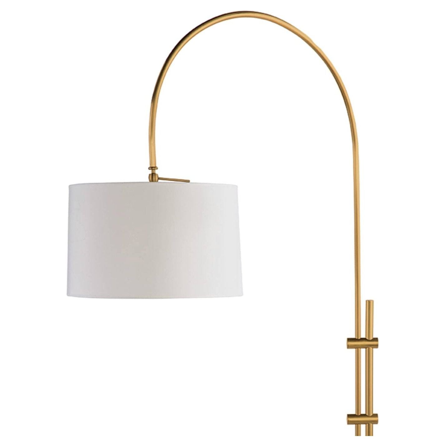 Sleek Brass Arc Lamp with elegant fabric shade.