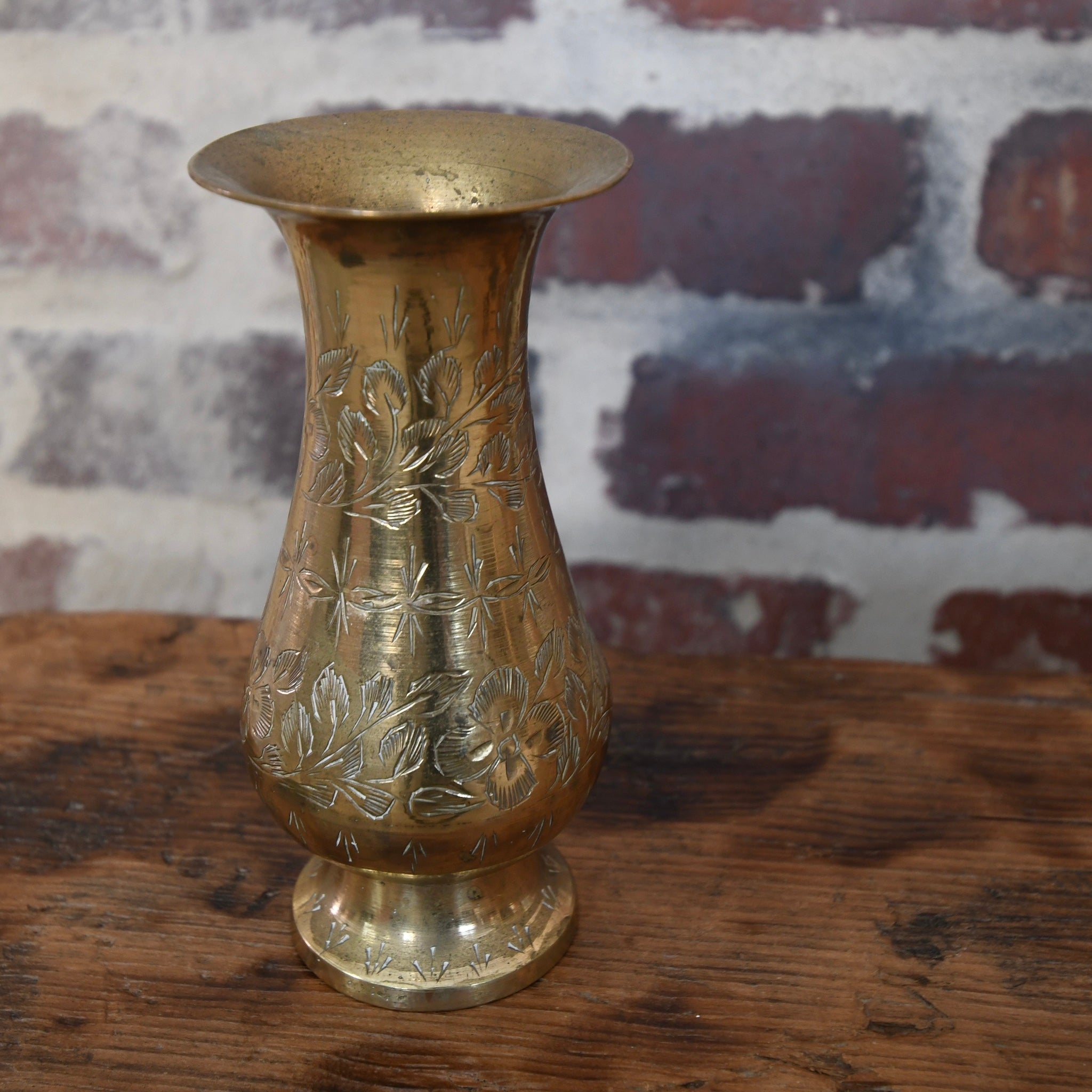 antique etched brass bud vase.