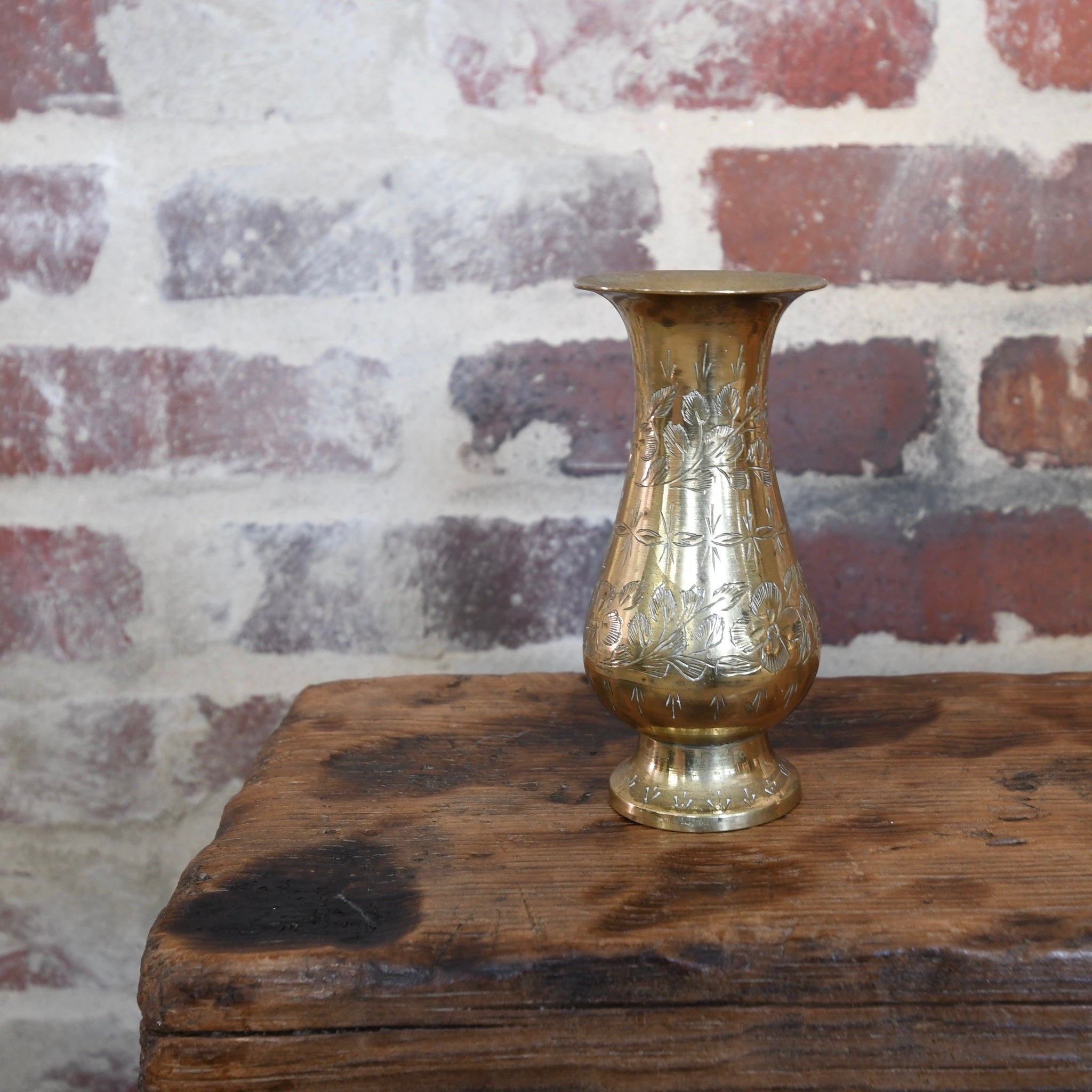 antique etched brass bud vase.