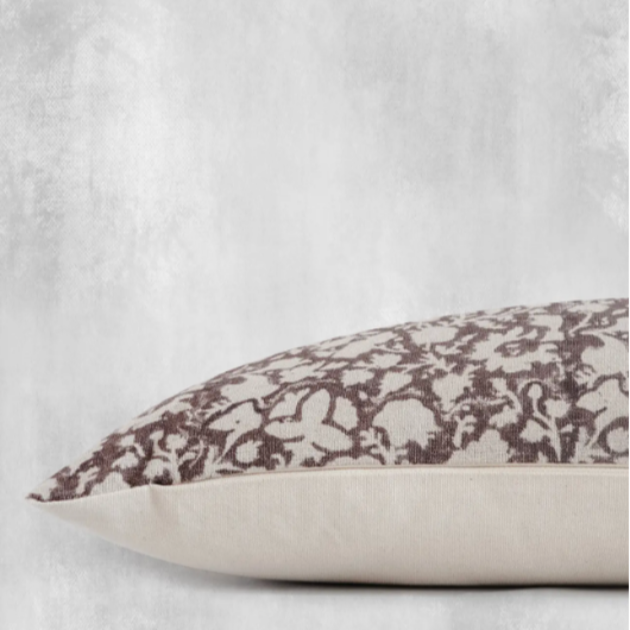 Bunmi Indian hand block lumbar pillow, artisan linen front with unique pattern, oatmeal canvas back, hidden zipper, 20 by 14 inches, feather-down fill.