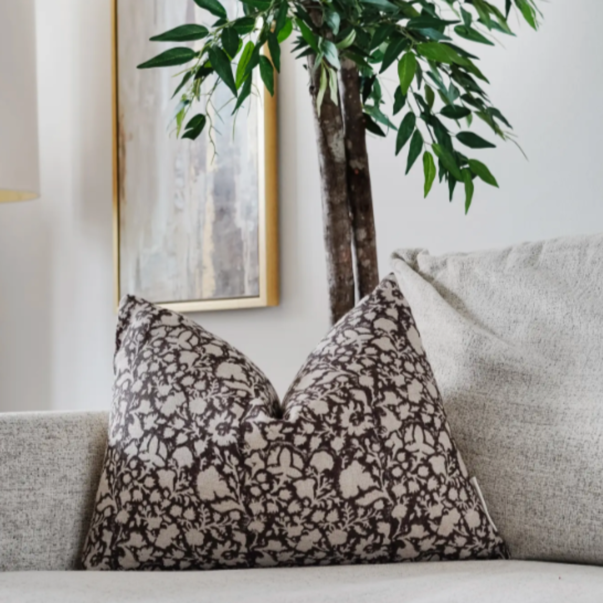 Bunmi Indian hand block lumbar pillow, artisan linen front with unique pattern, oatmeal canvas back, hidden zipper, 20 by 14 inches, feather-down fill.