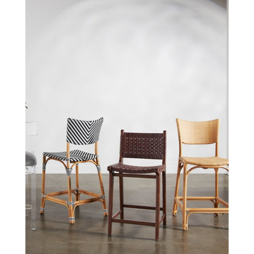 Elegant Percy Counter Stool in full-grain leather and dark teak"