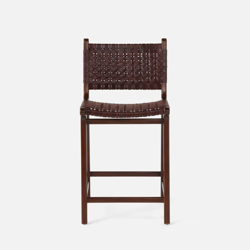 Percy Counter Stool with chestnut leather seat and teak frame