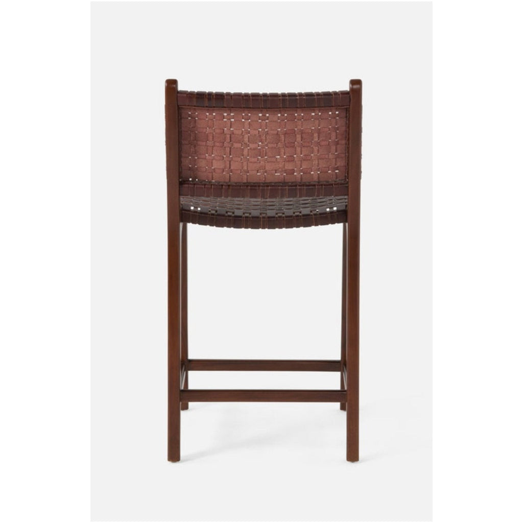 "Chestnut leather counter stool with backrest and teak finish