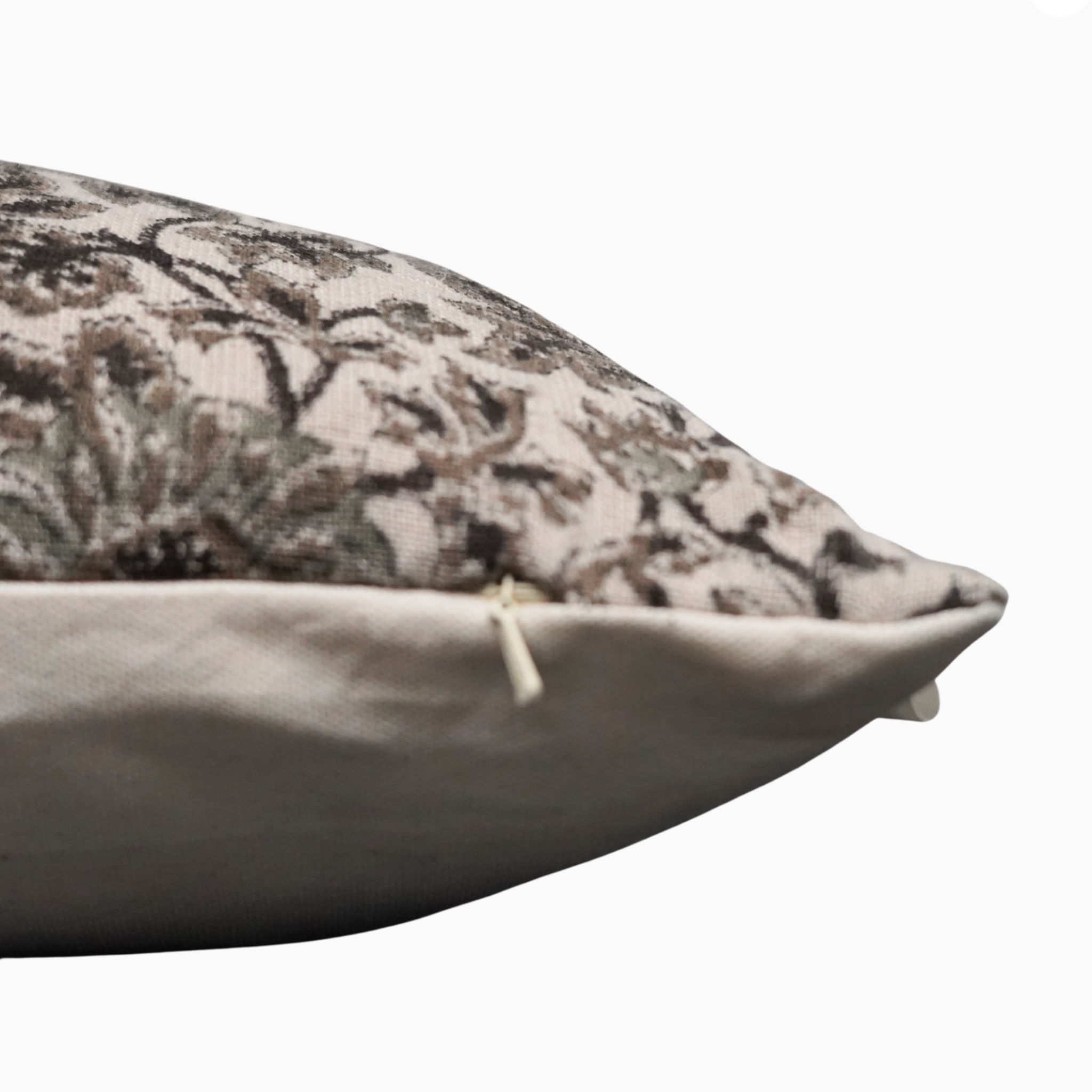Chioma Indian hand block pillow with artisan linen front, unique hand-block pattern, oatmeal canvas back, hidden zipper, and feather-down fill.
