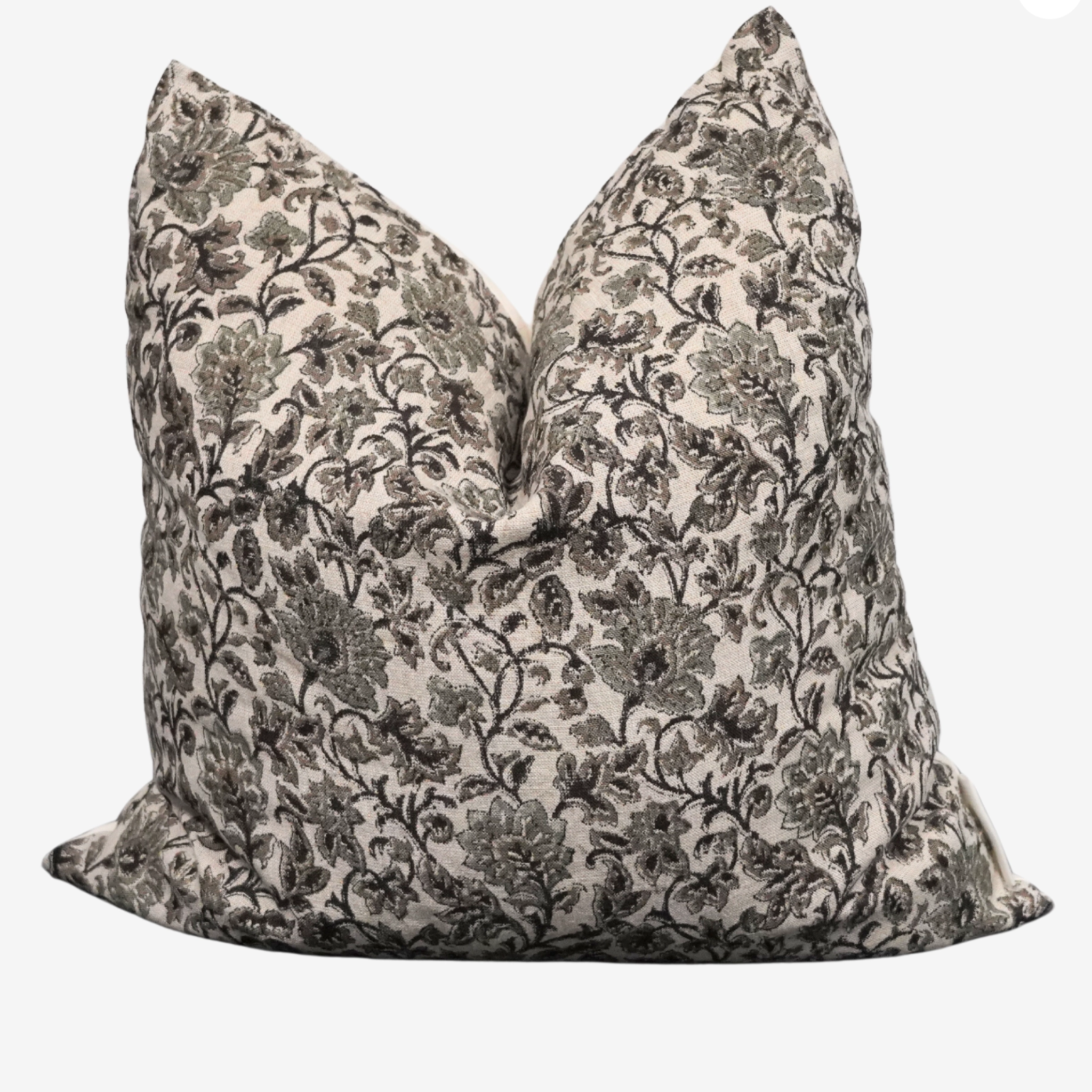 Chioma Indian hand block pillow with artisan linen front, unique hand-block pattern, oatmeal canvas back, hidden zipper, and feather-down fill.