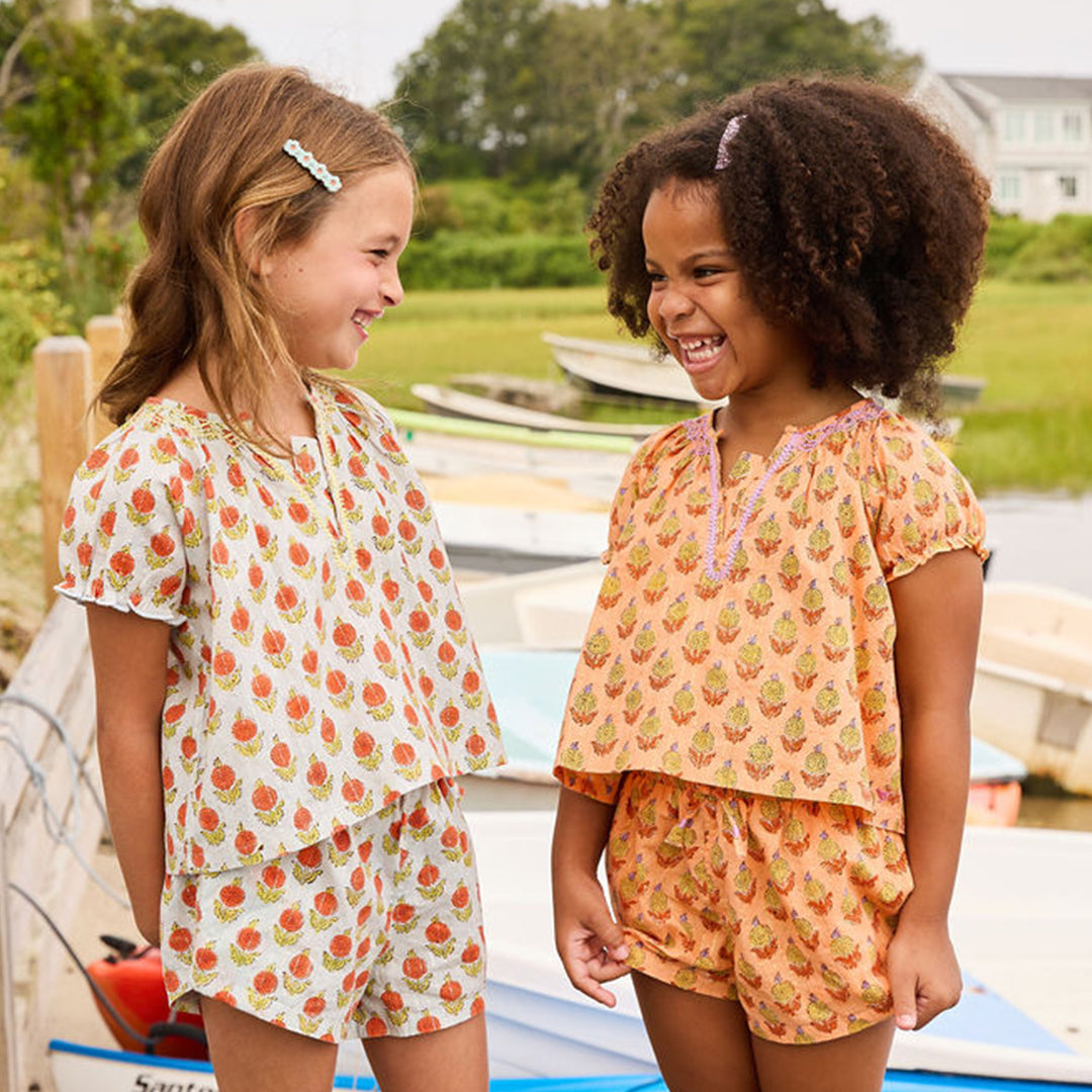 Girls Short Sleeve Ava Top in Orange Dahlia | Boho Chic Indian Block Print | Pink Chicken - Shoppe Details and Design