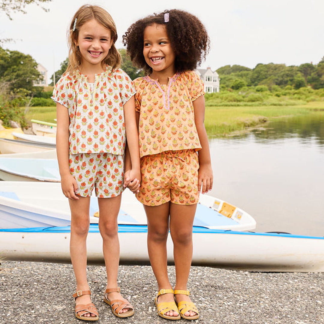 Girls Short Sleeve Ava Top in Orange Dahlia | Boho Chic Indian Block Print | Pink Chicken - Shoppe Details and Design