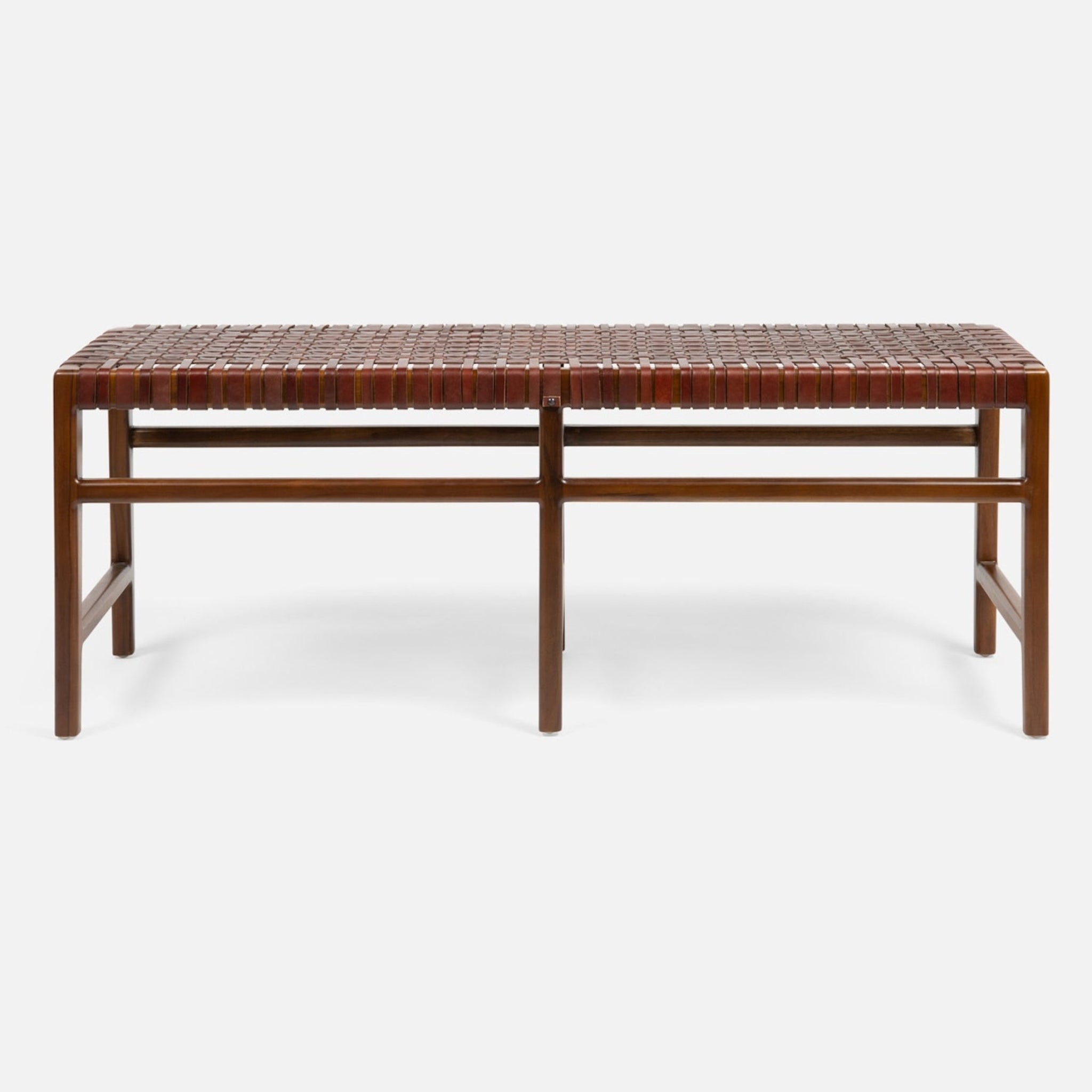 Chestnut woven leather bench.