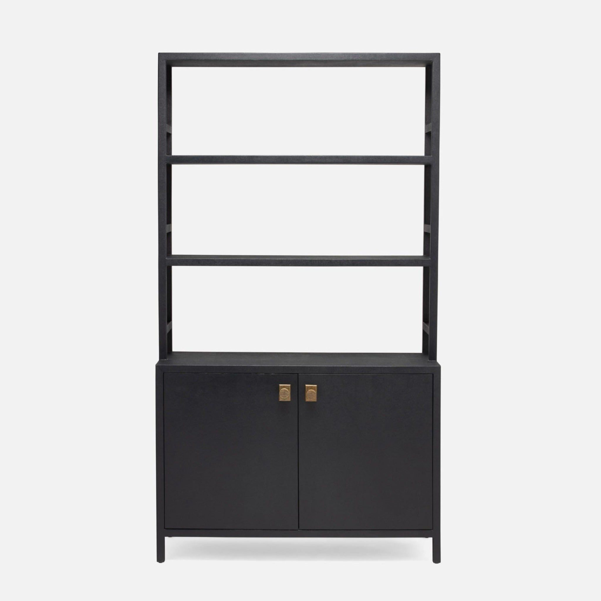 Sleek Dark Navy Blue Faux Linen Bookcase with Hutch in modern home office.