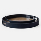 Elijah round tray set featuring two resin-encased cane rattan trays with glossy navy-varnished wood edges, elegant and sturdy for versatile use.
