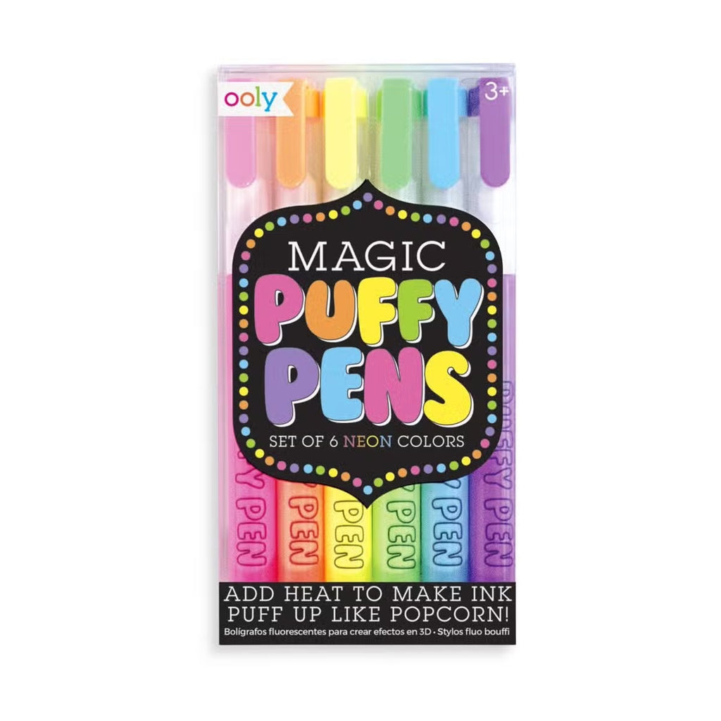 A package of six neon-colored Ooly Magic Puffy Pens that puff up when heat is applied, resembling popcorn.