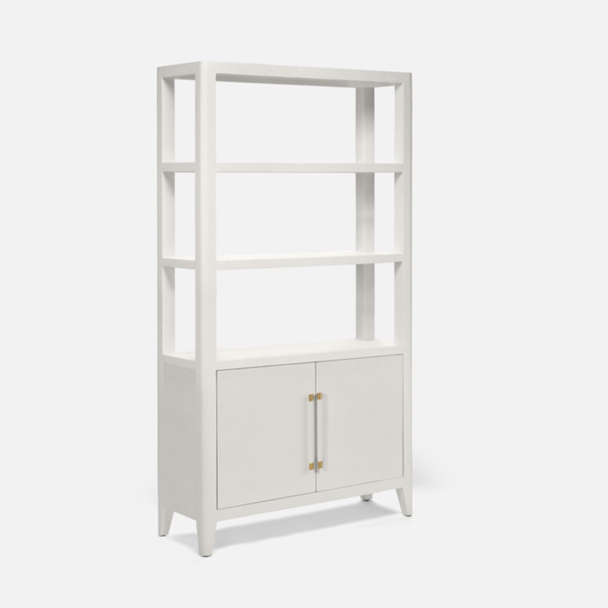 fergus 2-door raffia bookcase in white with gold hardware.