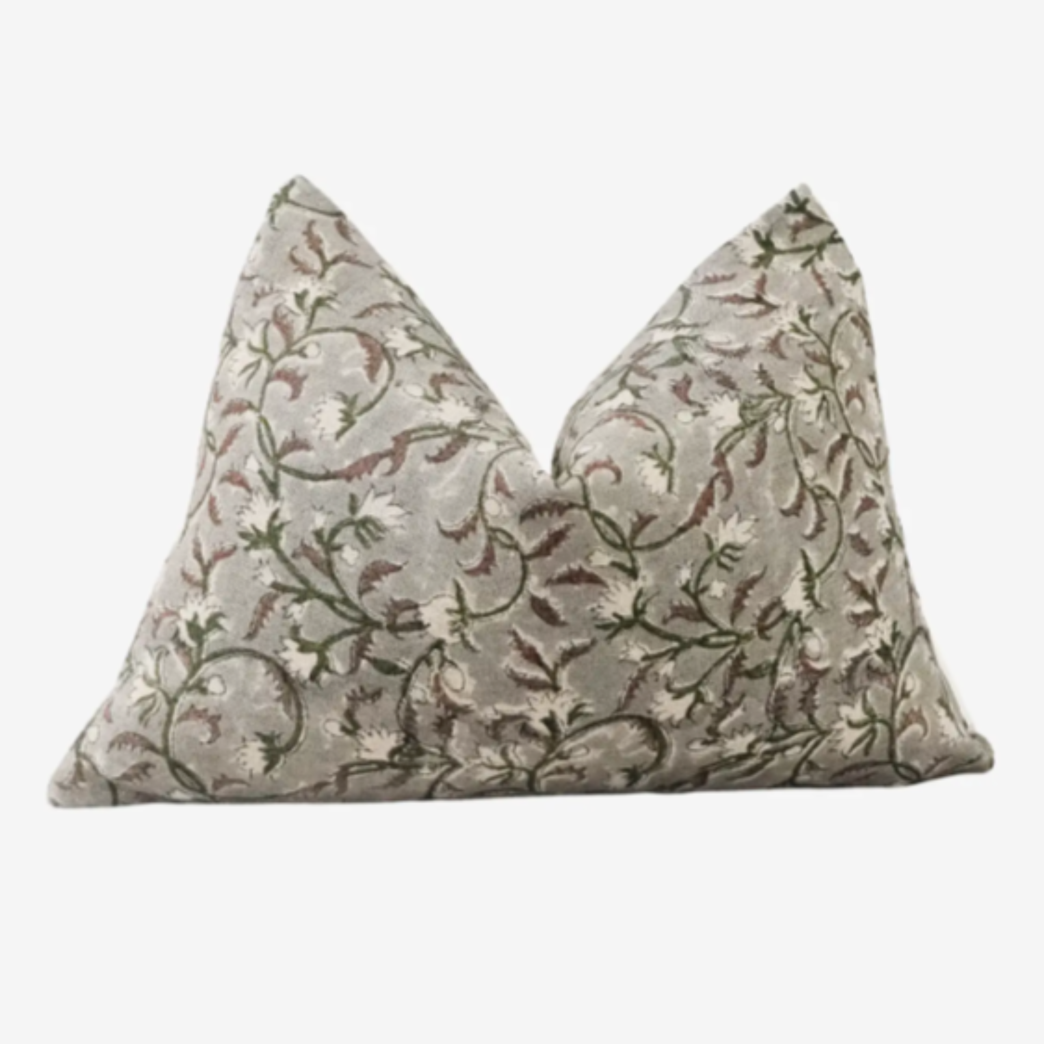 Feyisola Indian hand block lumbar pillow, artisan linen front with distinctive pattern, oatmeal canvas back, hidden zipper, feather-down fill.