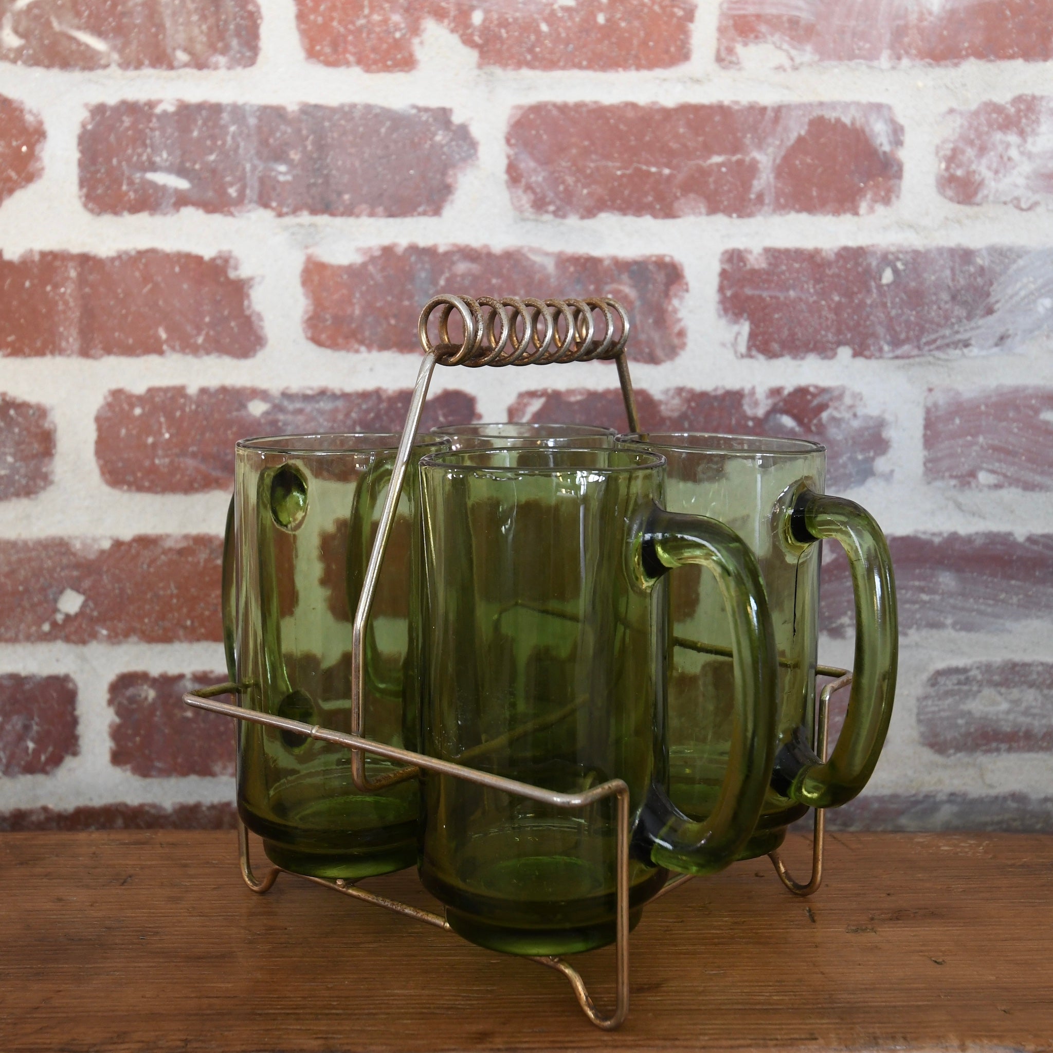 green glass mug set with holder.