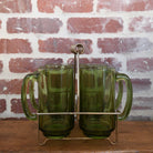 green glass mug set with holder.