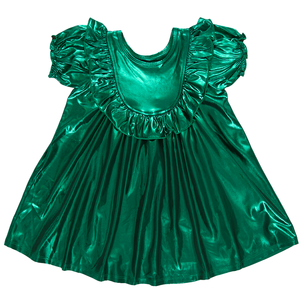 Pink Chicken- Girls Lame Brayden Ruffle Dress in Tinsel Green