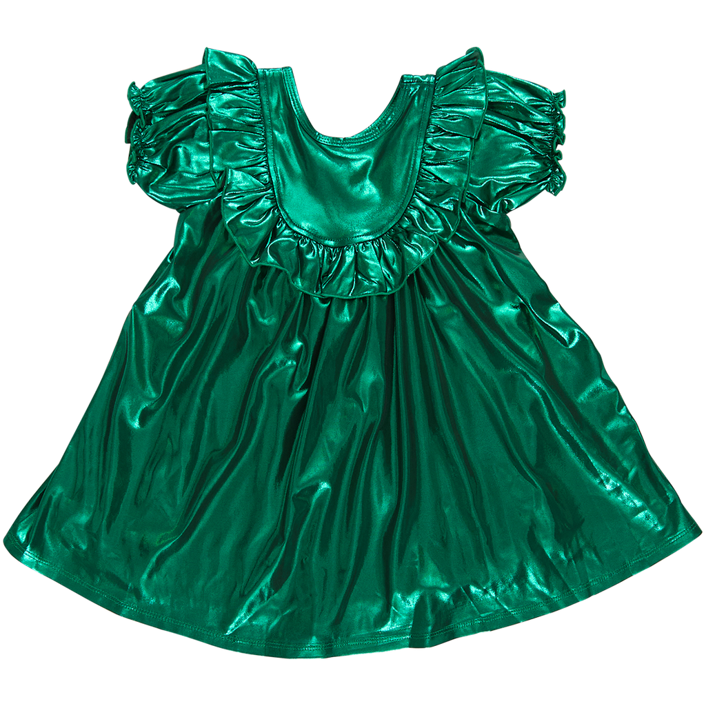 Pink Chicken- Girls Lame Brayden Ruffle Dress in Tinsel Green
