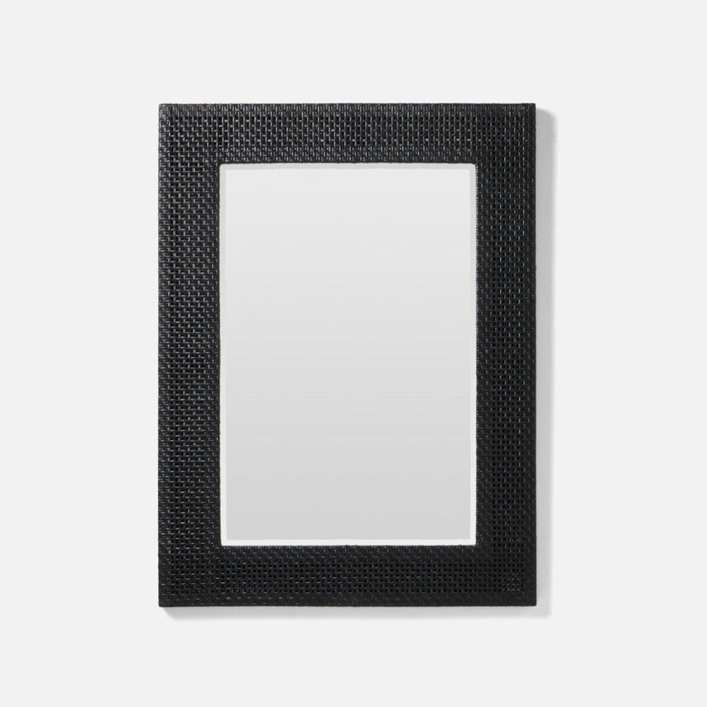 Black Isla Mirror with rattan frame and beveled edge.