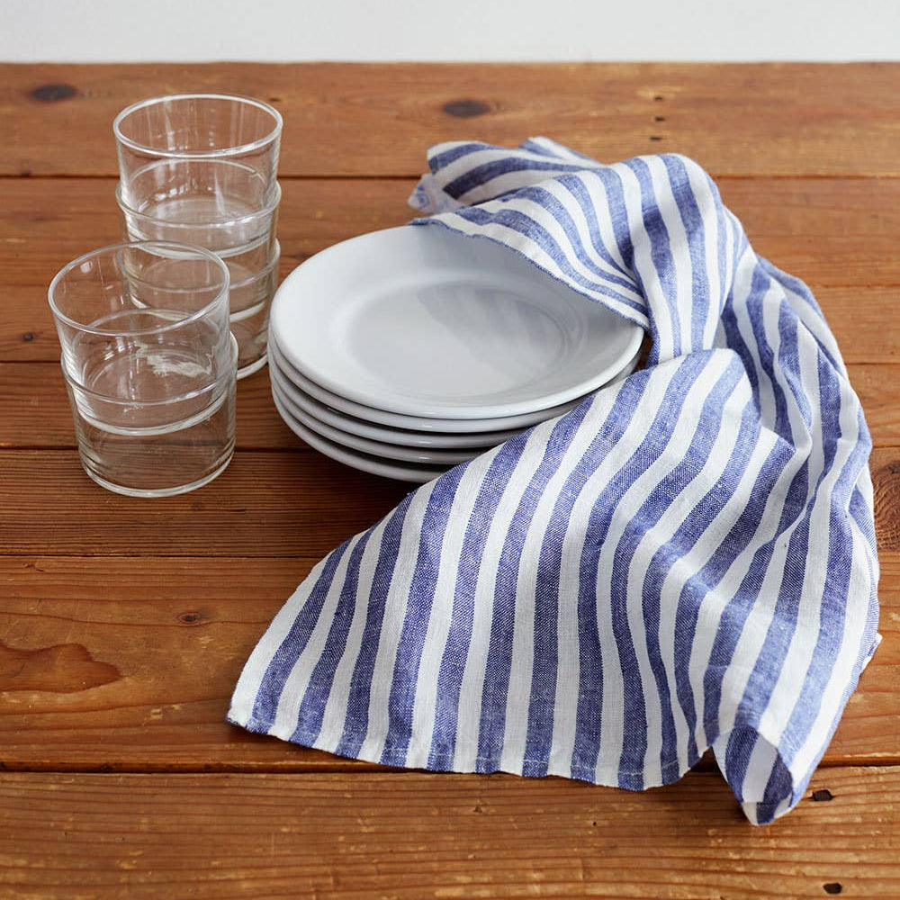 blue and white striped linen tea towel.
