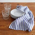 blue and white striped linen tea towel.