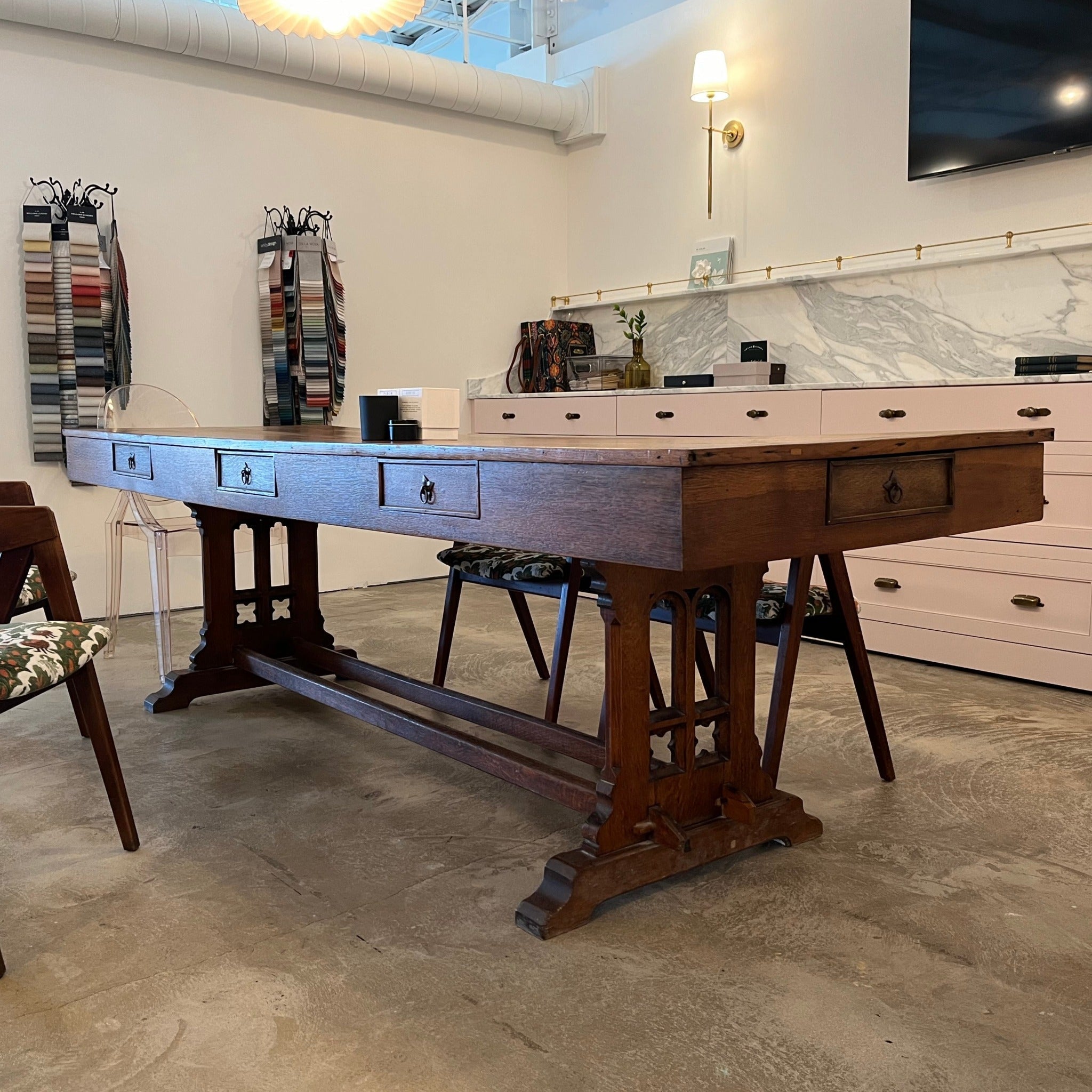 Rustic Monastery Table with natural wood finish and carved legs