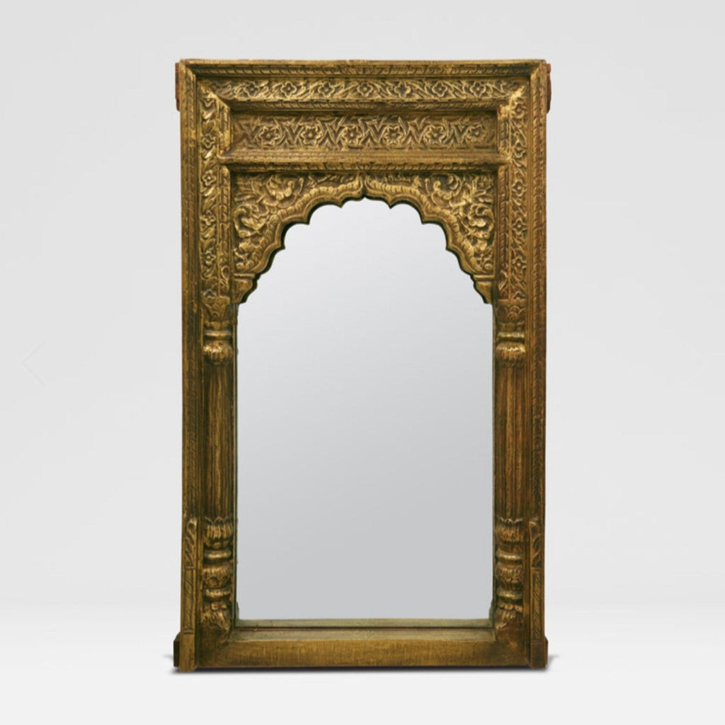 Myla Mirror with hand-carved tin metal frame in antiqued gold.