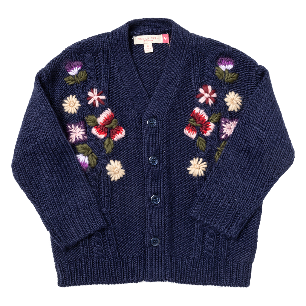 Pink Chicken Grandpa Sweater Navy Floral Embroidery