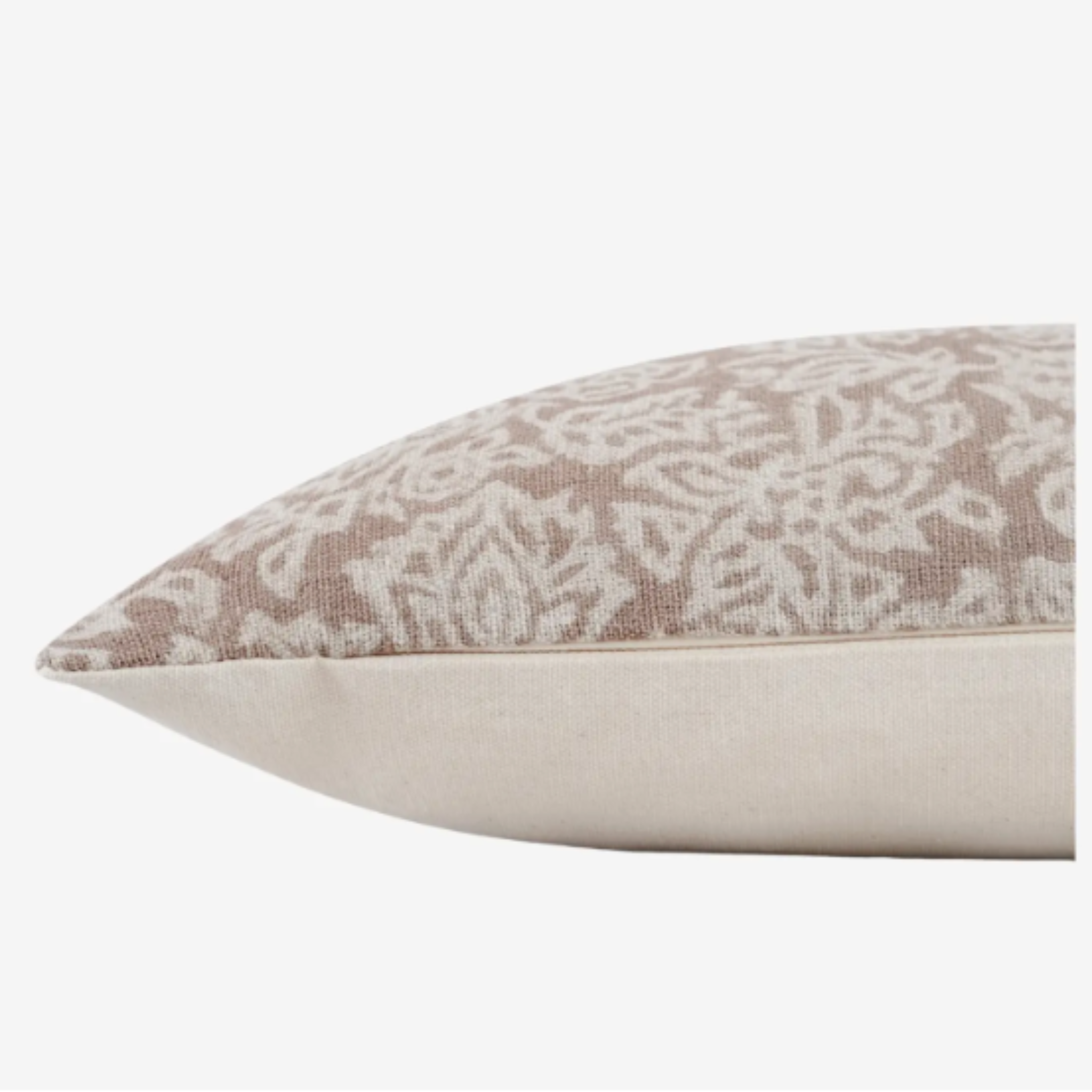 Opo Indian hand block lumbar pillow with artisan pattern on linen front, oatmeal canvas back, hidden zipper, and feather-down fill for cozy elegance.