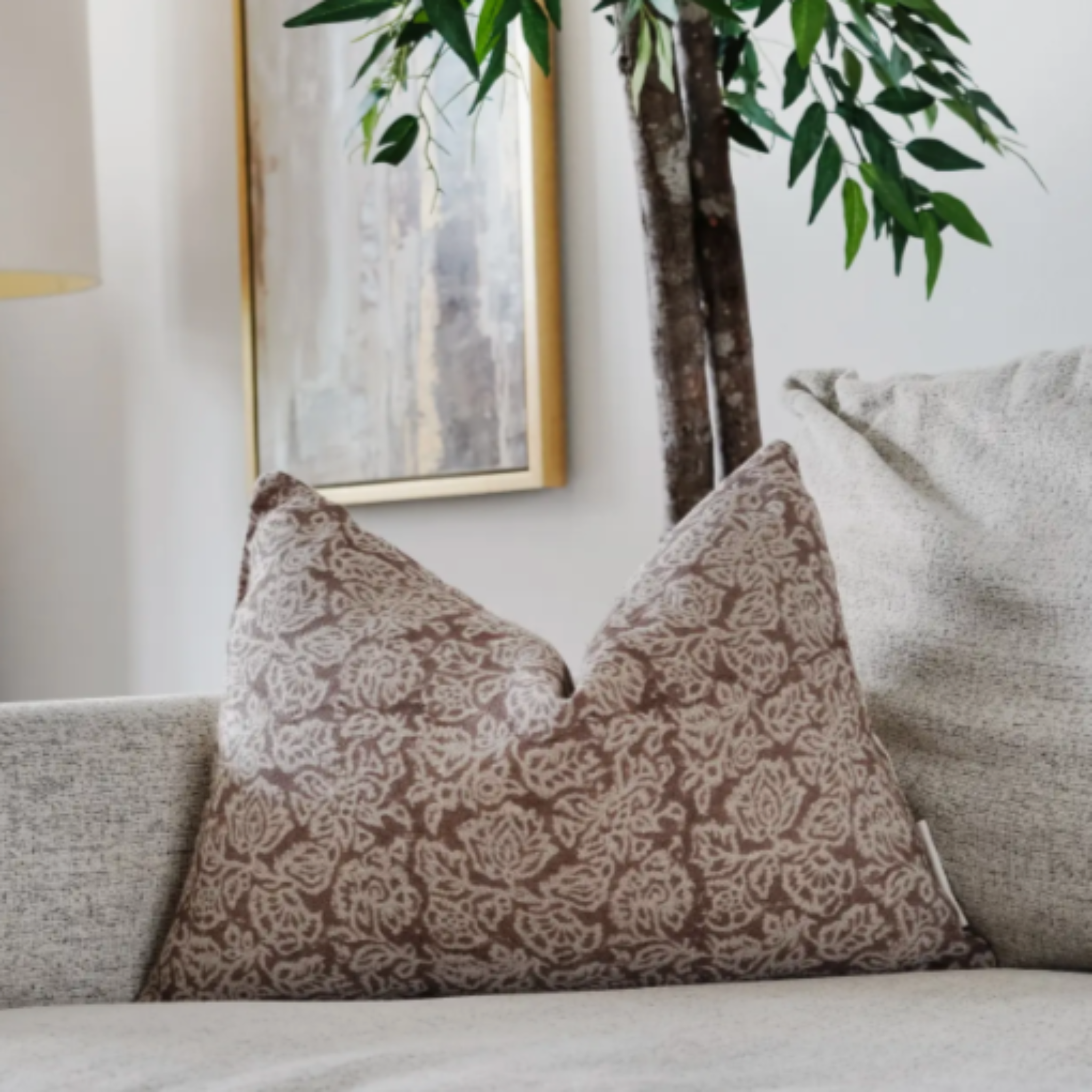 Opo Indian hand block lumbar pillow with artisan pattern on linen front, oatmeal canvas back, hidden zipper, and feather-down fill for cozy elegance.