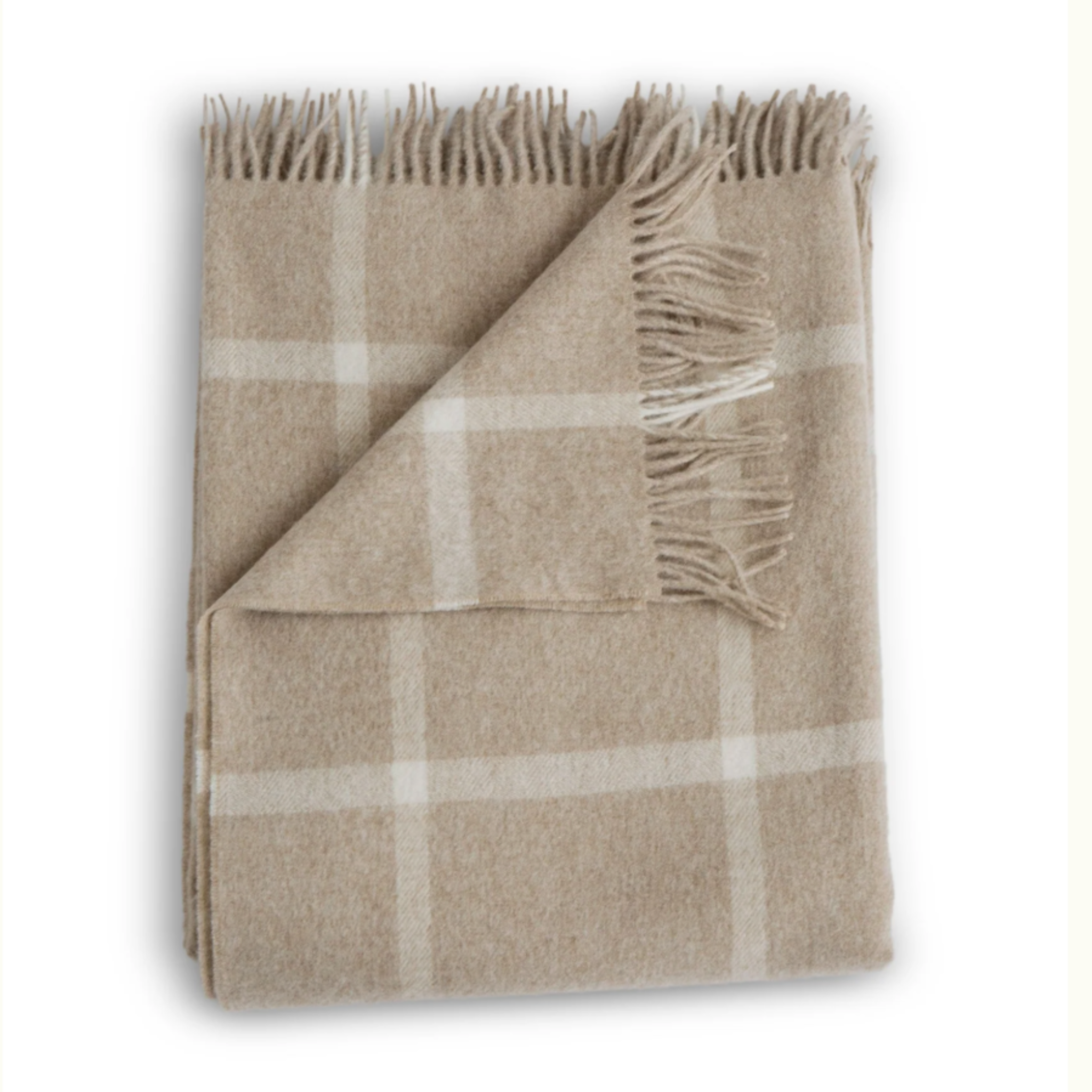 Oatmeal-colored 100% Merino lambswool throw with classic windowpane pattern, size 54 by 72 inches.