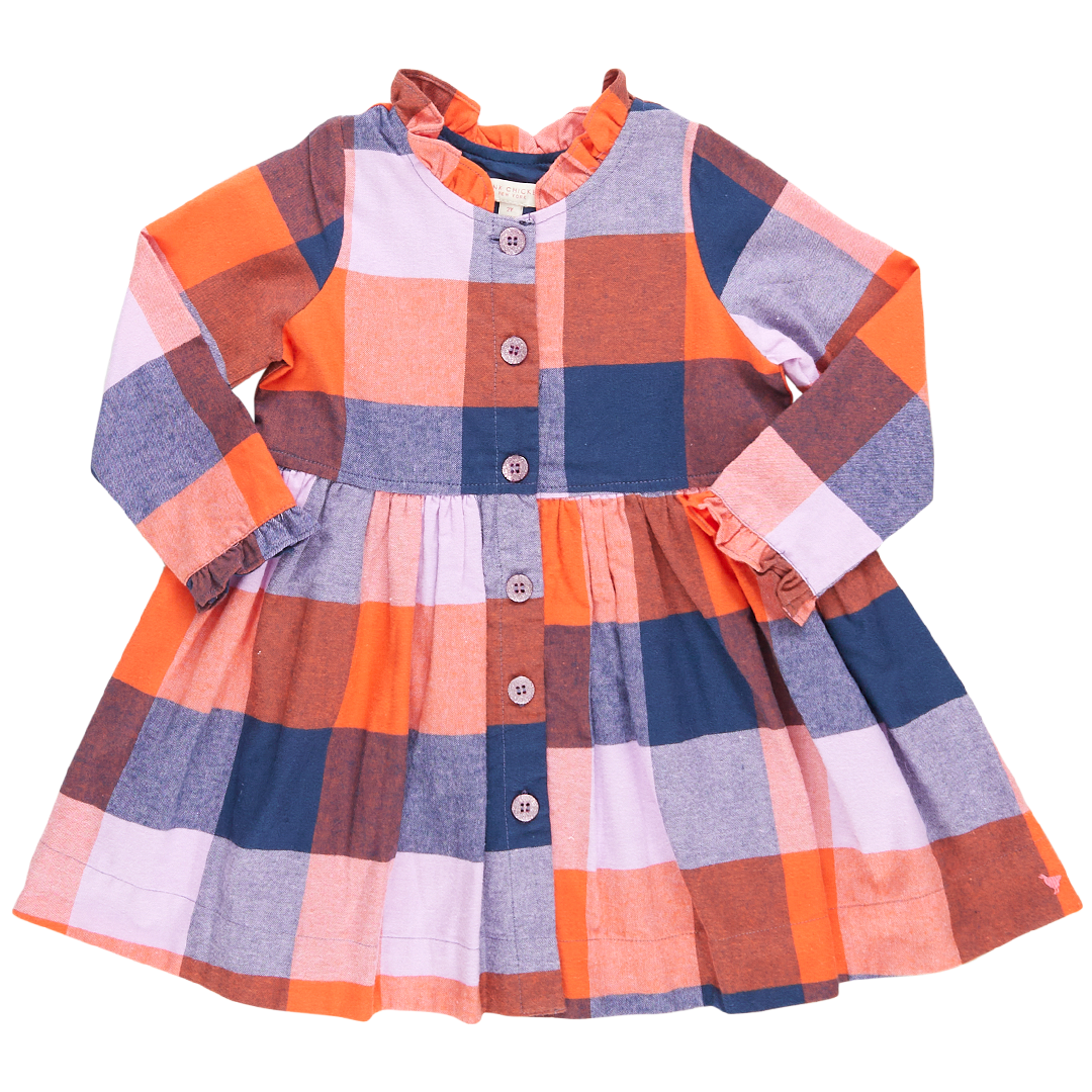 Pink Chicken Girls Check Dress in Navy and Orange - Shoppe Details and Design.
