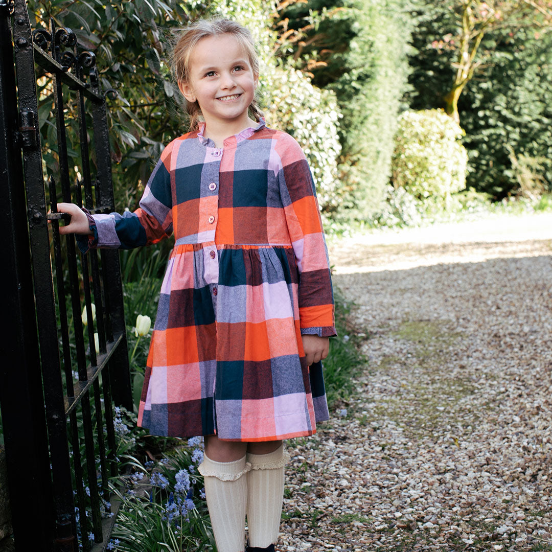 pink chicken girls check dress in navy and orange 6Y