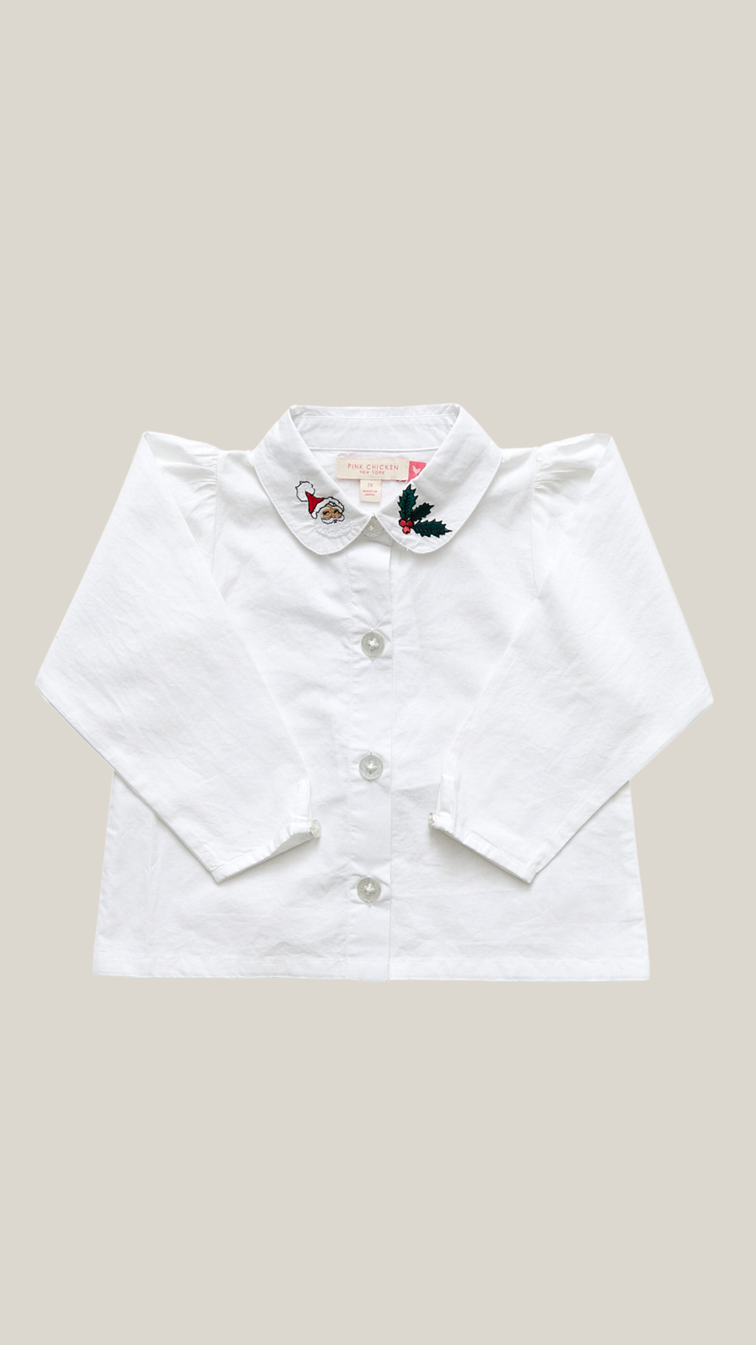 pink chicken girls collar shirt in holiday embroidery.
