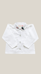 pink chicken girls collar shirt in holiday embroidery.