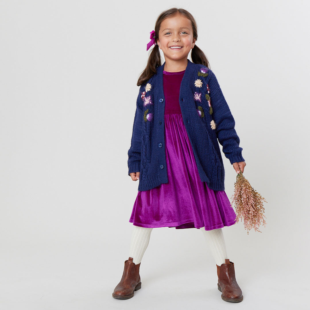 Pink Chicken Girls Grandpa Sweater in Navy Floral Embroidery - Shoppe Details and Design.