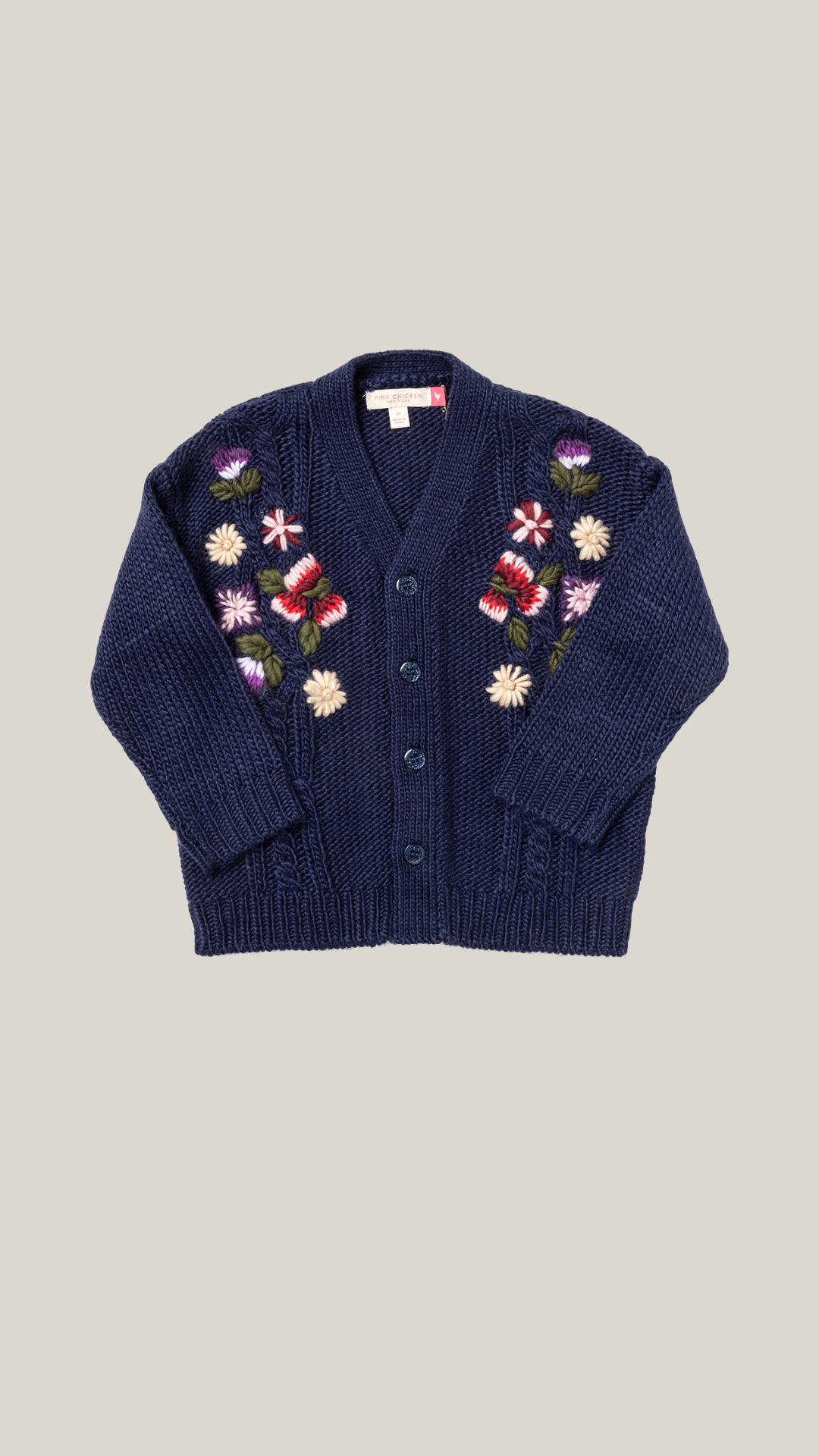 pink chicken girls grandpa sweater in navy floral embroidery.
