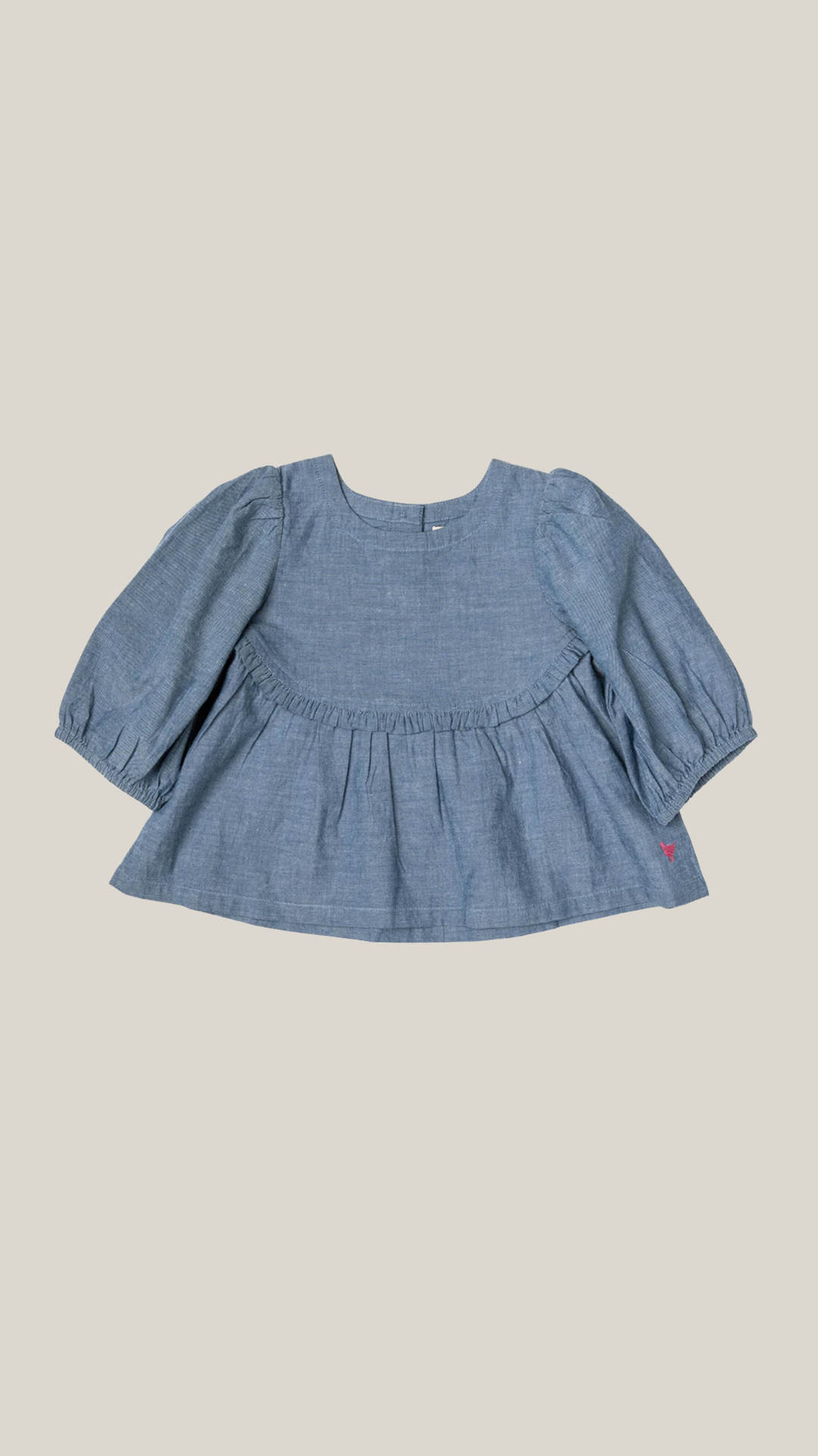 pink chicken girls rowan top in chambray.