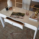 white essery desk in textured faux raffia. 