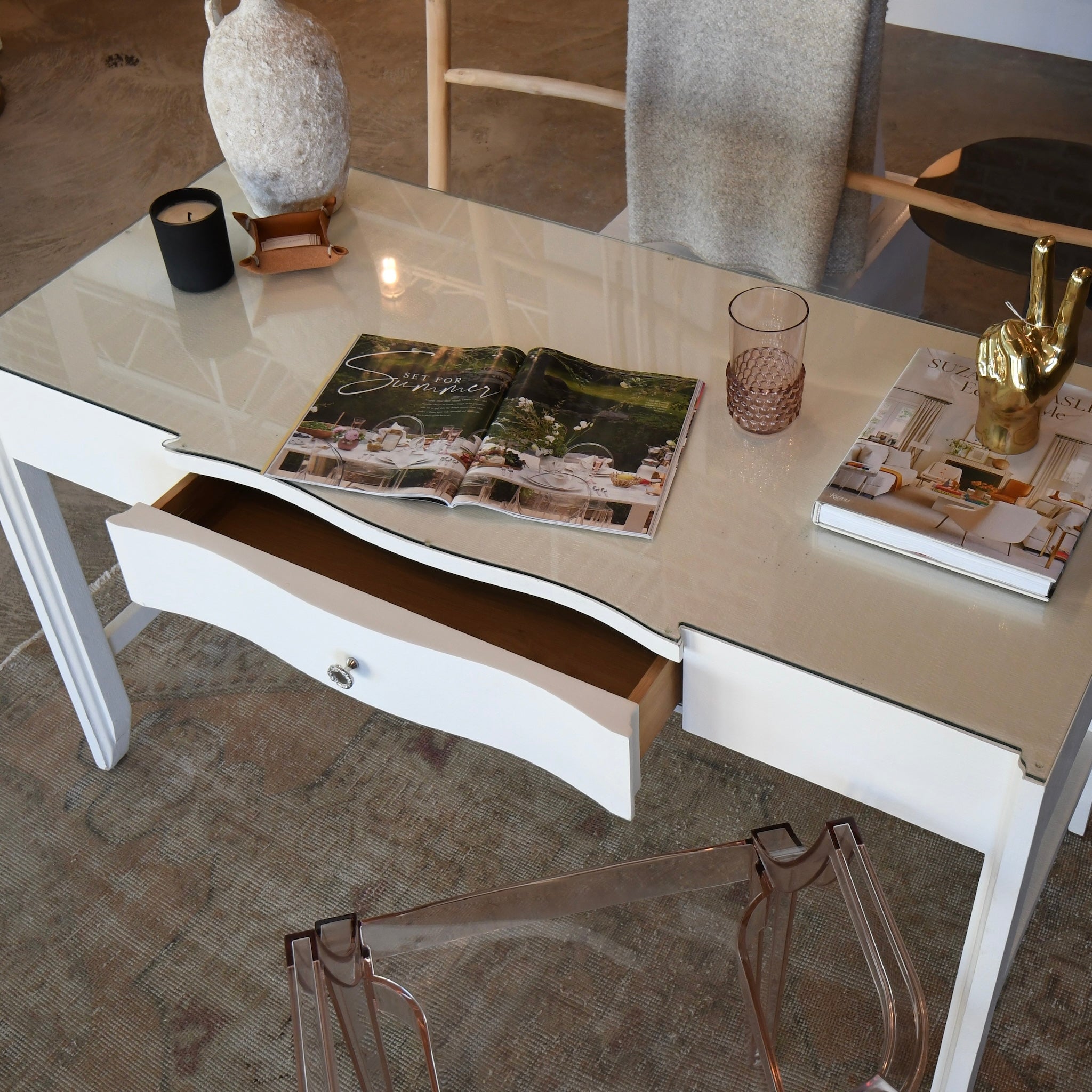 white essery desk in textured faux raffia. 
