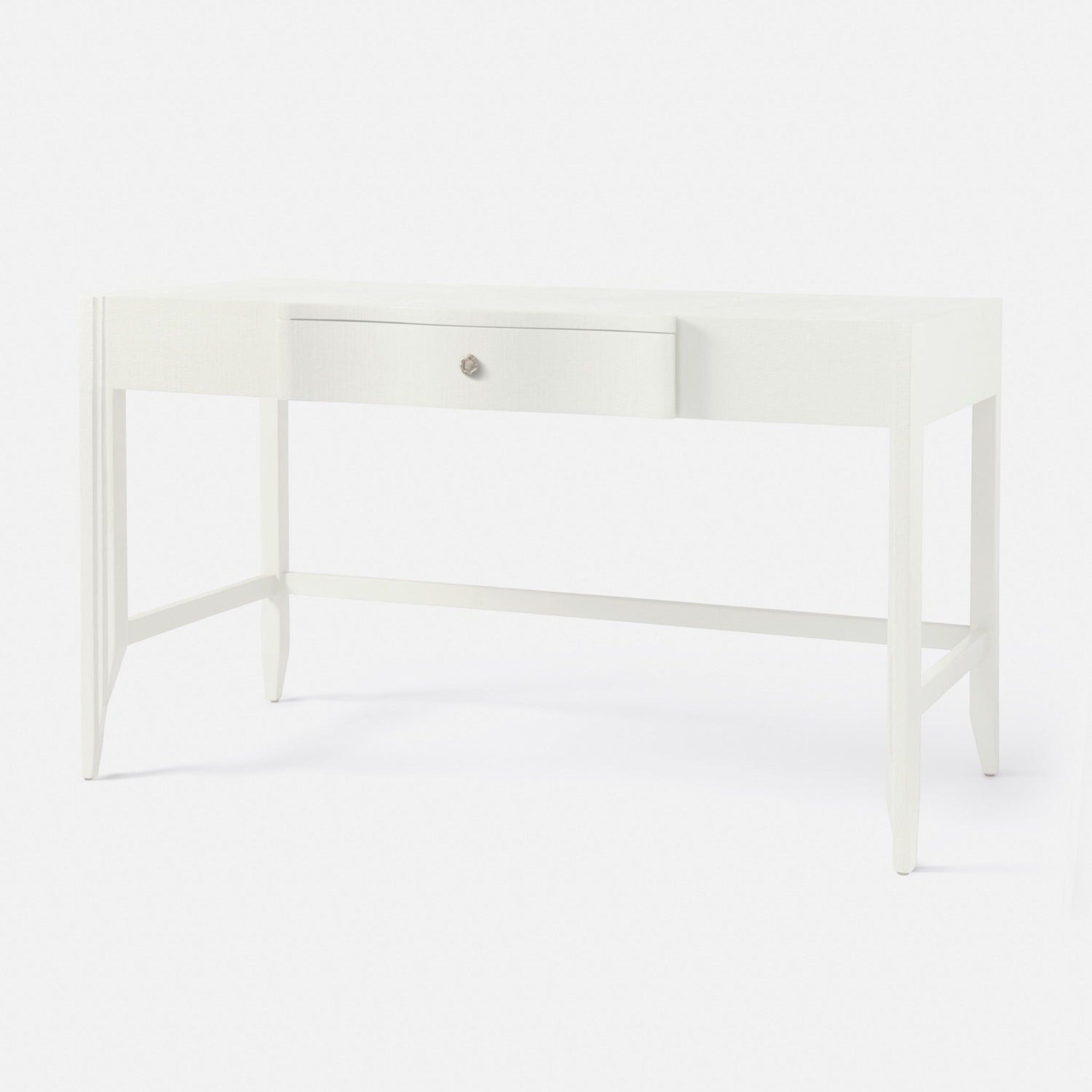 Pristine White Essery Desk in Textured Faux Raffia with custom hardware