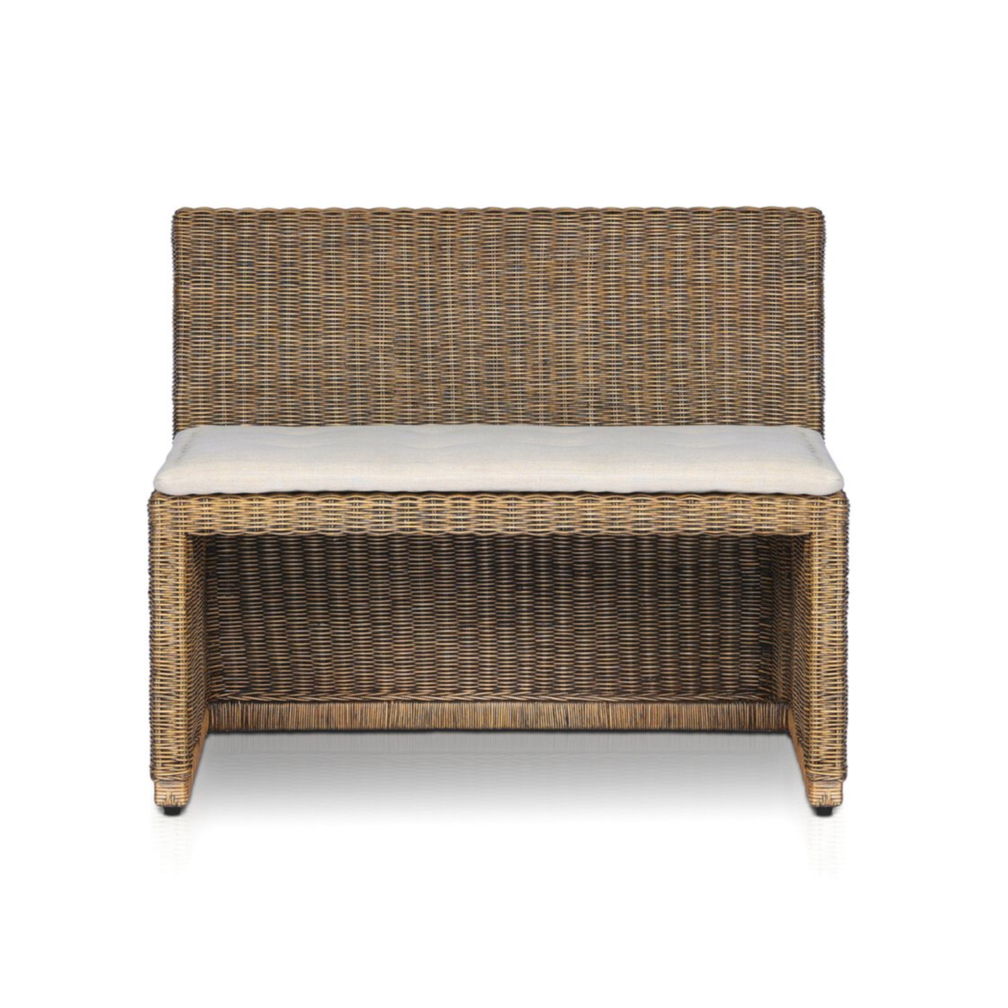 chair and a half with natural woven brown rattan frame and flax/linen cushion in Broadway Dune, 38.5 inches wide.