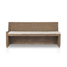 Left arm facing large dining bench with woven natural brown rattan frame, flax/linen cushion in Broadway Dune, 72 inches wide, ideal for relaxed dining.